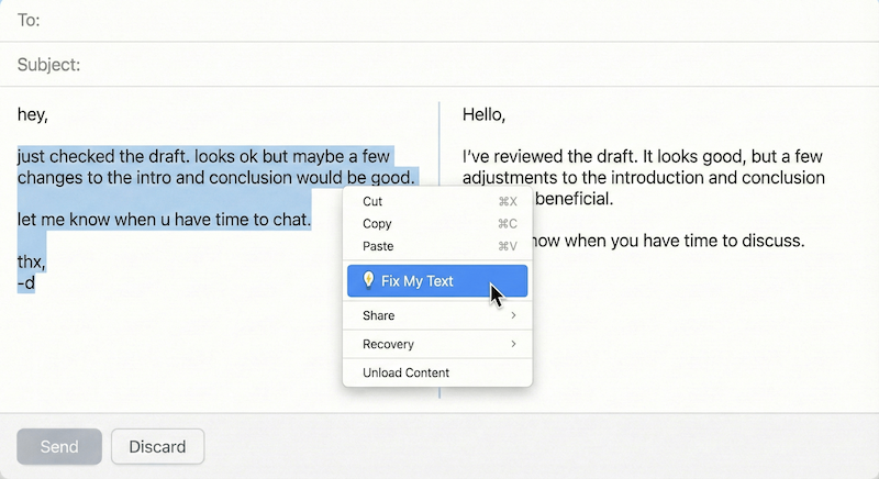 Right-click menu showing 'Fix my Text' inside a document